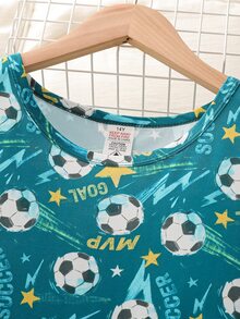 青少年男孩時尚休閒格紋印花短袖短褲牛奶絲面料家居服套裝 4件組 - 綠色 - 查看 5