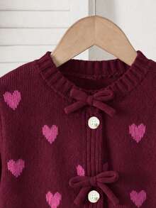 SHEIN Playful Pals Young Girl' Thick Knit Cardigan With Bow,Heart Pattern Button Sweater Jacket,Winter Fairy School Back-To-School,Long Sleeve Clothes For Autumn/Winter - Burgundy - View 5