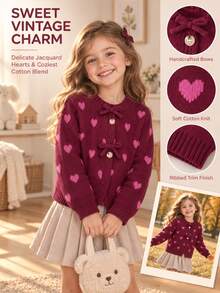 SHEIN Playful Pals Young Girl' Thick Knit Cardigan With Bow,Heart Pattern Button Sweater Jacket,Winter Fairy School Back-To-School,Long Sleeve Clothes For Autumn/Winter - Burgundy - View 6