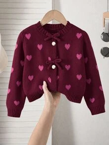 SHEIN Playful Pals Young Girl' Thick Knit Cardigan With Bow,Heart Pattern Button Sweater Jacket,Winter Fairy School Back-To-School,Long Sleeve Clothes For Autumn/Winter - Burgundy - View 1