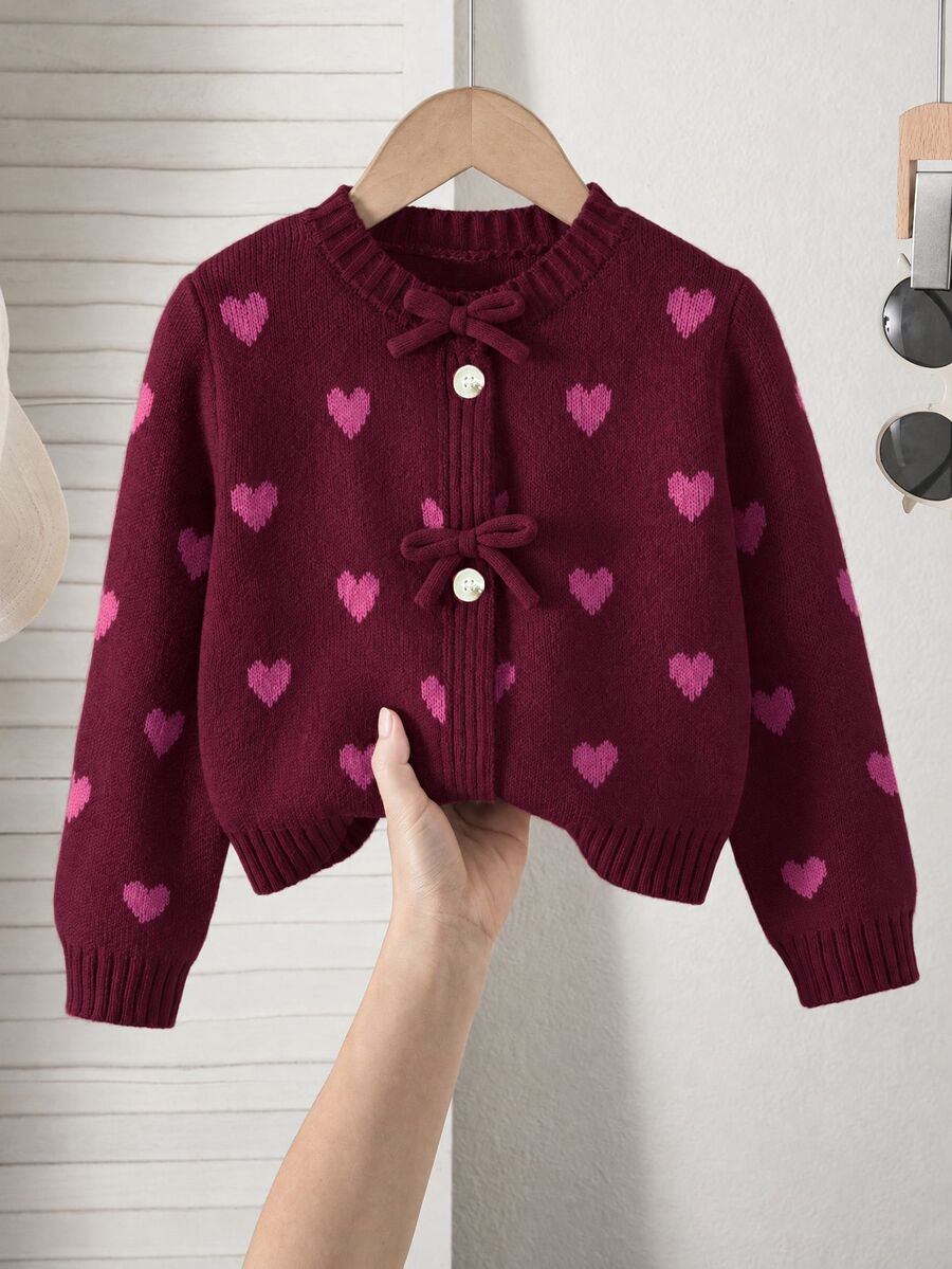 SHEIN Playful Pals Young Girl' Thick Knit Cardigan With Bow,Heart Pattern Button Sweater Jacket,Winter Fairy School Back-To-School,Long Sleeve Clothes For Autumn/Winter - Burgundy - View 1