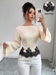 Siren Gaze 女款蕾絲拼接百褶休閒法式優雅百搭日常穿著襯衫 米色 秋季 早午餐 - 米色 - 查看 5