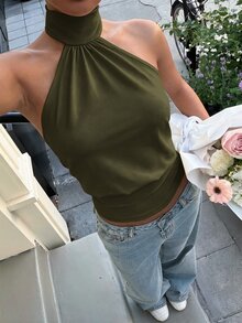 Muchica 巧克力棕色針織高領上衣女款，夏季上衣 - 軍綠色 - 查看 7