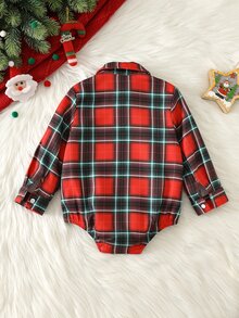SHEIN Baby Boy Colorful Plaid Collar Long Sleeve Romper, Versatile And Comfortable - Multicolor - View 7