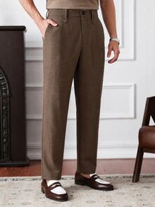 Core Aspect Men's Solid Color Casual Commute Suit Pants With Pockets - Brown - View 4