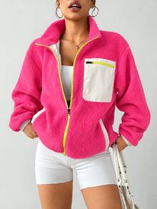 Exploreva Exploreva Women's Colorblock Zipper Casual Versatile Daily Travel Sports Jacket - Red and White - View 4