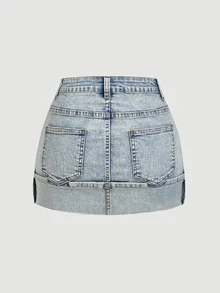 Rivivi Petite Women's Fashion Street Button Pocket Denim Mini Skirt - Blue - View 2