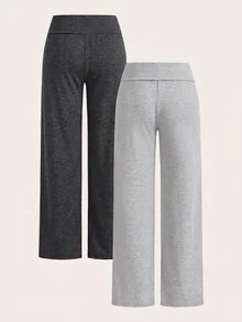 SHEIN EZwear 2件組女款休閒極簡高腰摺疊寬腿直筒長褲，適合春、夏、秋季 - 彩色 - 查看 2
