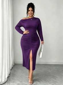Elenzga Plus Size Elegant Fitted Sexy Cowl Neck Long Sleeve Bodycon Ruched Slit Dress Fall Christmas - Purple - View 3