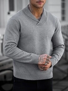 Manfinity CasualCool Men's Textured Knit Pullover Sweater, Business Casual Solid Color Minimalist Knitwear - Grey - View 6