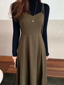 DAZY Solid Color Fitted Waist Flare Strap Dress Elegant Vacation Korean Style Spring Autumn Long Dress For Women - Brown - View 5