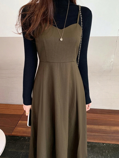 DAZY Solid Color Fitted Waist Flare Strap Dress Elegant Vacation Korean Style Spring Autumn Long Dress For Women