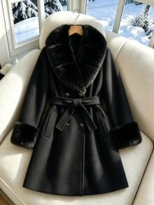 青少年女孩長袖抓絨秋季衣著，復古優雅端莊百搭，鈕扣毛邊領大衣，假日穿搭冬季正式派對黑色 - 黑色 - 查看 4