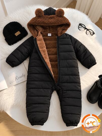 SHEIN Baby Boy Autumn/Winter Thermal Lined Thick Black Padded Coat With Brown Plush Jumpsuit, Suitable As Christmas Gift For Outings And Holiday Wear