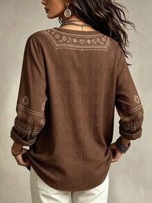Linhara CURVE Plus Size Women's Woven Printed V-Neck Long-Sleeved Fall Shirt - Brown - View 2