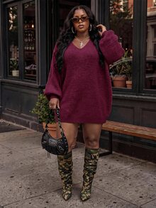 Slaydiva Plus Size Autumn/Winter Casual Solid Color Knit Dress - Purple - View 9