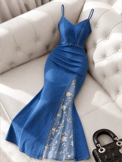 GlowEve CURVE Plus Size Women's Patchwork Floral Embroidered Mesh Mermaid Hem Elegant Spaghetti Strap Denim Dress