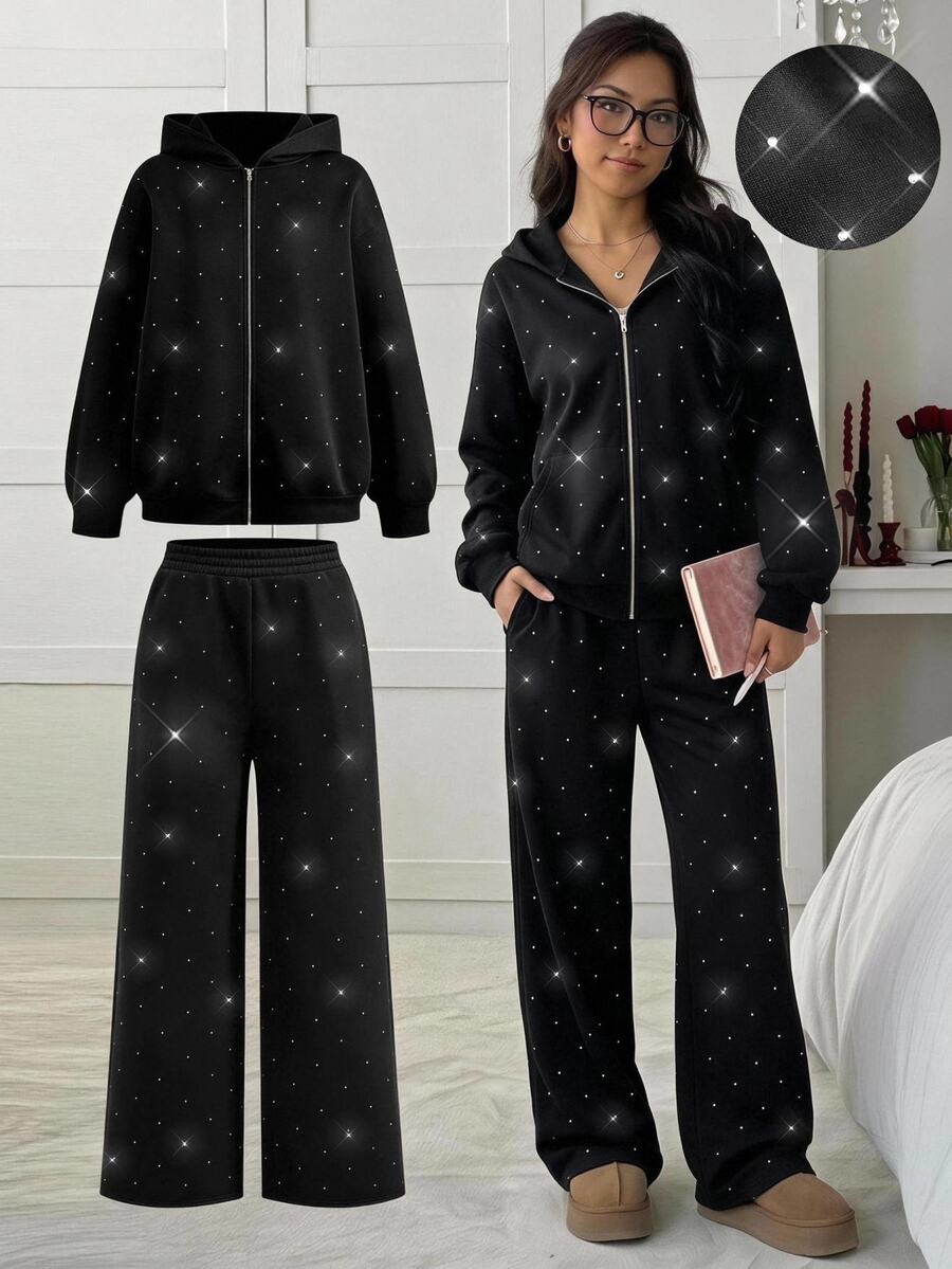 SHEIN 兒童青少年女孩秋冬加厚時尚休閒重工水鑽裝飾連帽全開襟長袖寬鬆外套與鬆緊腰直筒寬鬆運動長褲 2件套,適合日常穿搭與開學造型 - 黑色 - 查看 1