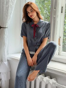 DAZY Women's Colorblock Short Sleeve Top And Long Pants Casual Daily Home Sleepwear Set - Blue - View 9