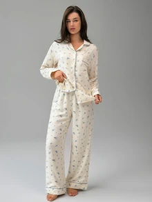 DAZY Women's All-Over Print Long Sleeve Top And Pants Casual Daily Home Sleepwear Set - Beige - View 3