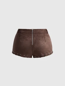 ROMWE Plus Size Hippie Sexy Lace-Up Design Faux Suede Fabric Super Short Shorts For Women, Suitable For Music Festivals, Daily Wear, Vacations, Parties And More - Brown - View 2