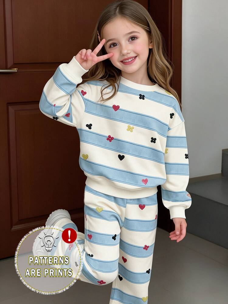 (1 Set)Young Girls Autumn/Winter Casual Blue & White Striped Colorful Floral Heart Star Round Neck Sweatshirt & Wide Leg Pants - Multicolor - View 3