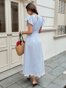 Serisse 女款格紋圓領荷葉邊短袖優雅長洋裝 - 彩色 - 查看 2