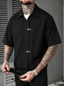 Manfinity Roughcore Men's Plus Size Solid Color Casual Versatile Daily Wear Shirt - Black - View 3