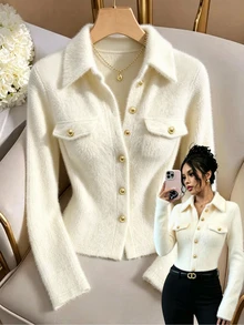 LUMIGAL Women's Autumn Solid Color Single-Breasted Long Sleeve Casual T-Shirt - Apricot - View 4