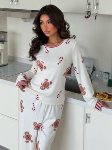 ZzzCrew Christmas Gingerbread Man Print Ribbed Contrast Patchwork Long Sleeve Pants Pajama Set - Beige - View 6