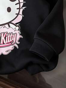HELLO KITTY AND FRIENDS | SHEIN SHEIN EZwear 女款黑色休閒極簡卡通印花連帽長袖寬鬆加厚衛衣，適合外出、街頭穿搭、機場造型 - 黑色 - 查看 4