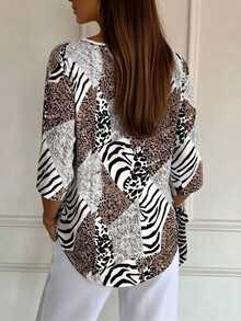 SHEIN LUNE 大尺碼女款條紋格紋波點印花 3/4 袖 V 領 T-shirt 上衣，休閒時尚秋季穿搭 - 彩色 - 查看 2