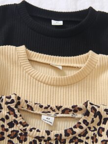 Genkimix Kids 3pcs Young Girl Crew Neck Ribbed Long Sleeve Tee, Solid & Leopard Print Basic Casual Top, Ruffle Cuff Soft Stretchy Young Girl Fall T-Shirt - Multicolor - View 7