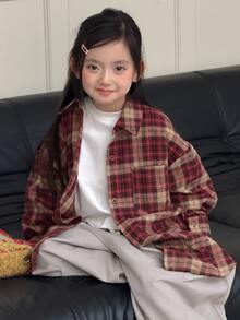 DAZY Tween Girl) Plaid Casual Long Sleeve Loose Fit Autumn/Winter Shirt - Red - View 1