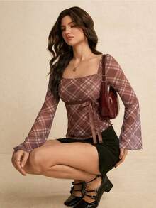 Poéselle Women's Plaid Square Neck Raglan Flare Sleeve Fashion Top - Brown - View 7
