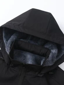 Manfinity Homme Men's Thermal Lined Hooded Jacket, Black Zipper Winter Jacket, Slim Fit, Suitable For Urban Commute And Casual Daily Wear - Black - View 3