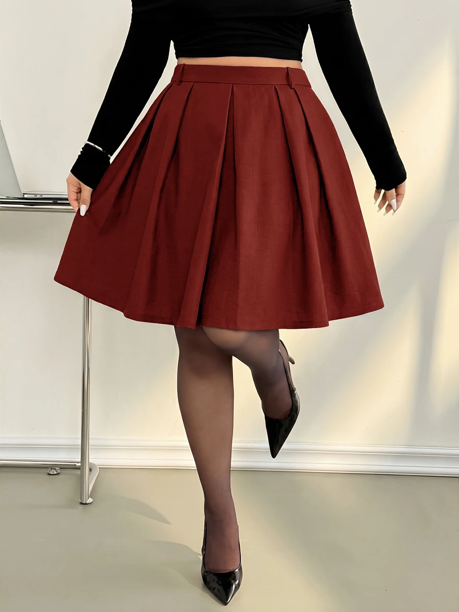 Auralis 春秋新款女款辦公正式百褶中長裙,巧克力棕格紋,優雅通勤風,大尺碼返校秋季款 - 紅色 - 查看 1