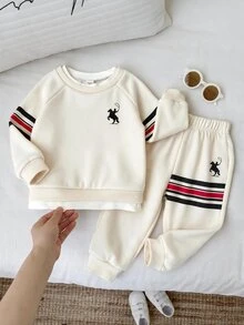 男女嬰兒/幼兒 2件組秋冬休閒可愛 2合1奶油色運動衫套裝，嬰兒運動服，嬰兒冬季衣物 - 彩色 - 查看 3