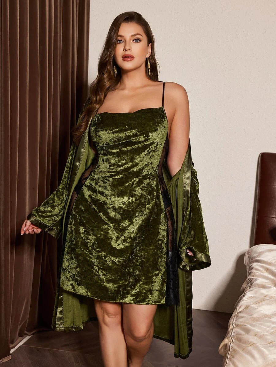Slumberist Plus Size Gold Velvet Pajama Set, Women's Olive Green Camisole Nightgown And Robe Loungewear 2 Pieces Set - Army Green - View 1