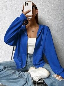 SHEIN EZwear 拉鍊式插肩袖抽繩連帽衫，秋冬長袖上衣 - 寶藍色 - 查看 5