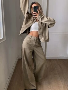 DAZY Setelan Jaket Denim Kasual dan Celana Longgar untuk Wanita - Khaki - View 3