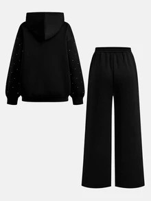 SHEIN 兒童青少年女孩秋冬加厚時尚休閒重工水鑽裝飾連帽全開襟長袖寬鬆外套與鬆緊腰直筒寬鬆運動長褲 2件套，適合日常穿搭與開學造型 - 黑色 - 查看 2