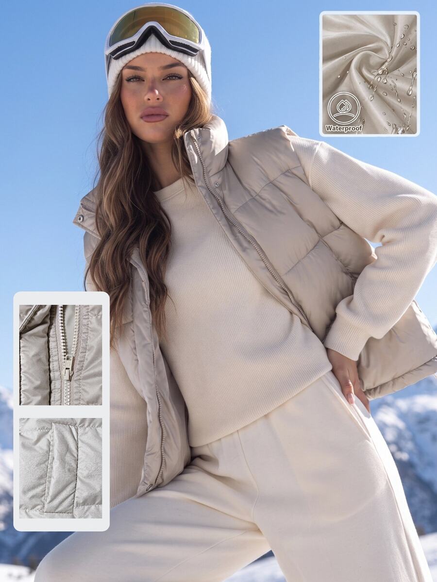 SHEIN BASICS Women's Solid Color Casual Versatile Winter Padded Vest - Khaki - View 1