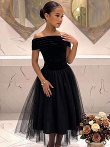 SHEIN Tween Girl Commuter Fashion Elegant Black Velvet Patchwork One-Shoulder Off-Shoulder Ruffle Long Dress, Suitable For Back To School, Party, Halloween, Christmas - Black - View 1