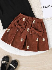 SHEIN 女童燈芯絨刺繡蝴蝶結裝飾裙 - 棕色 - 查看 1