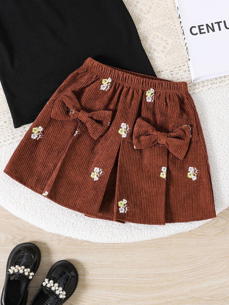 SHEIN 女童燈芯絨刺繡蝴蝶結裝飾裙 - 棕色 - 查看 1
