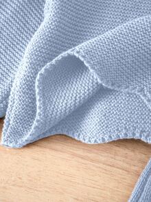Souflis Young Girl Outfit Set Light Blue Knit Sweater Long Puff Sleeve Solid Top With Pleated Skirt - Blue - View 8