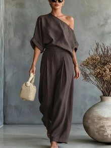 SHEIN 新款亞麻舒適不對稱單肩上衣與寬腿長褲女款兩件套 - 棕色 - 查看 5