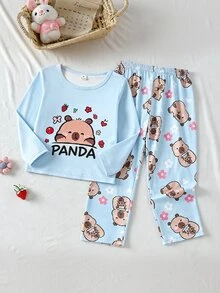 女童休閒可愛水豚印花長袖秋季/冬季牛奶絲面料居家服套裝 圓領針織卡通動物 2件組 柔軟舒適 - 藍色 - 查看 2