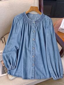 GlowEve CURVE Plus Size Women's Ruched Casual Versatile Daily Wear Denim Top - Blue - View 1